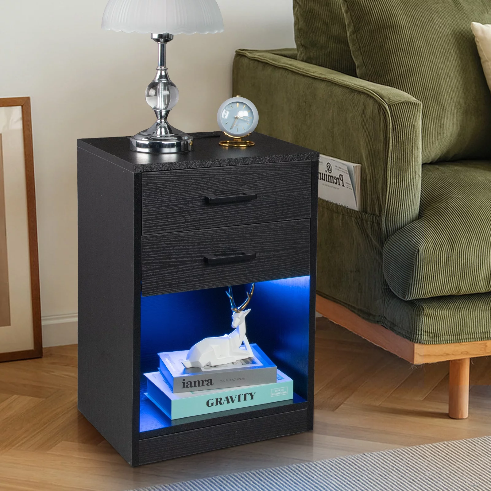 paproos LED Nightstand with 2 Drawers, Modern Black Nightstand with Remote Control LED, Tall Bedside Table, Nightstand with Storage Drawers for Bedroom Living Room