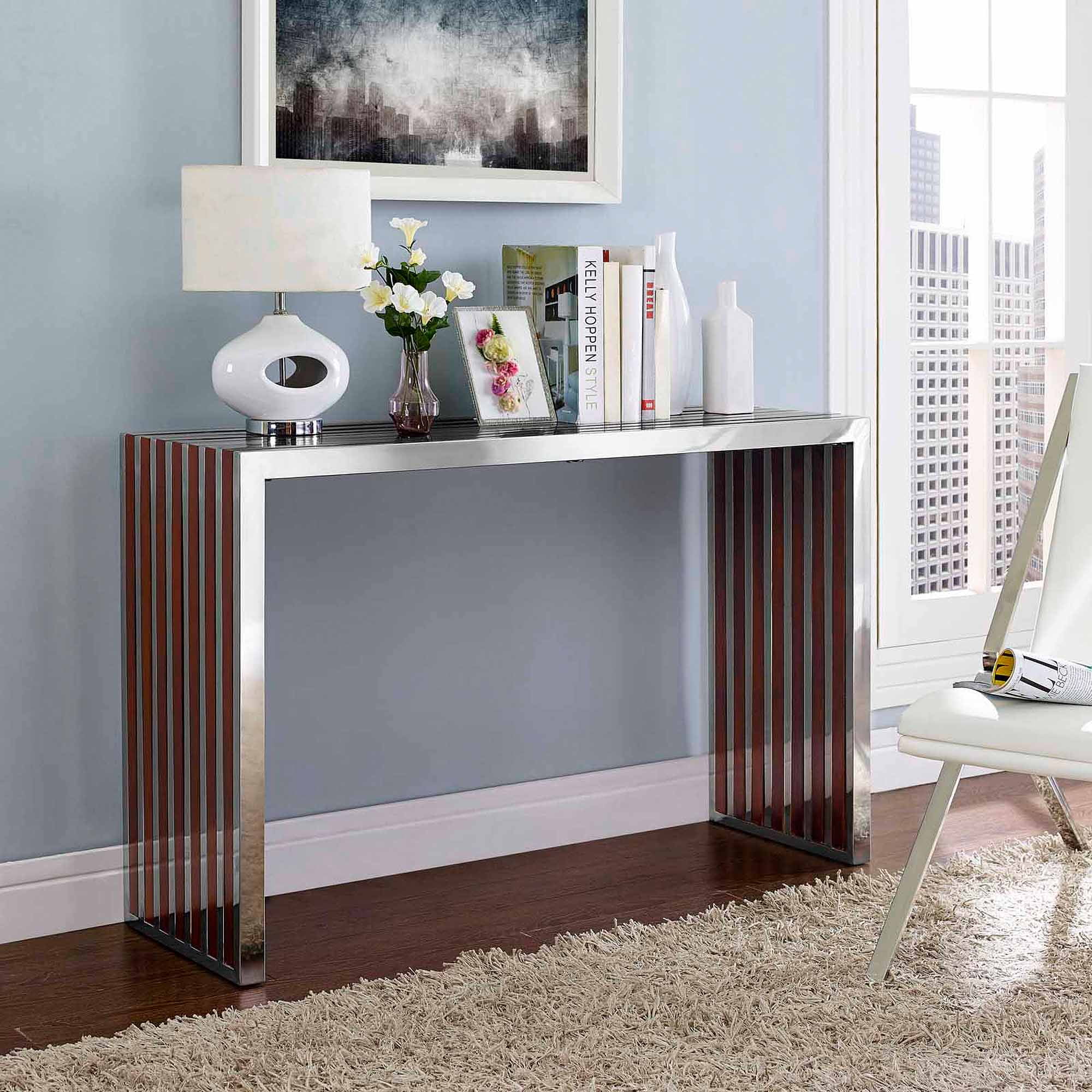 Modway Gridiron Wood Inlay Console Table or Bench in Walnut