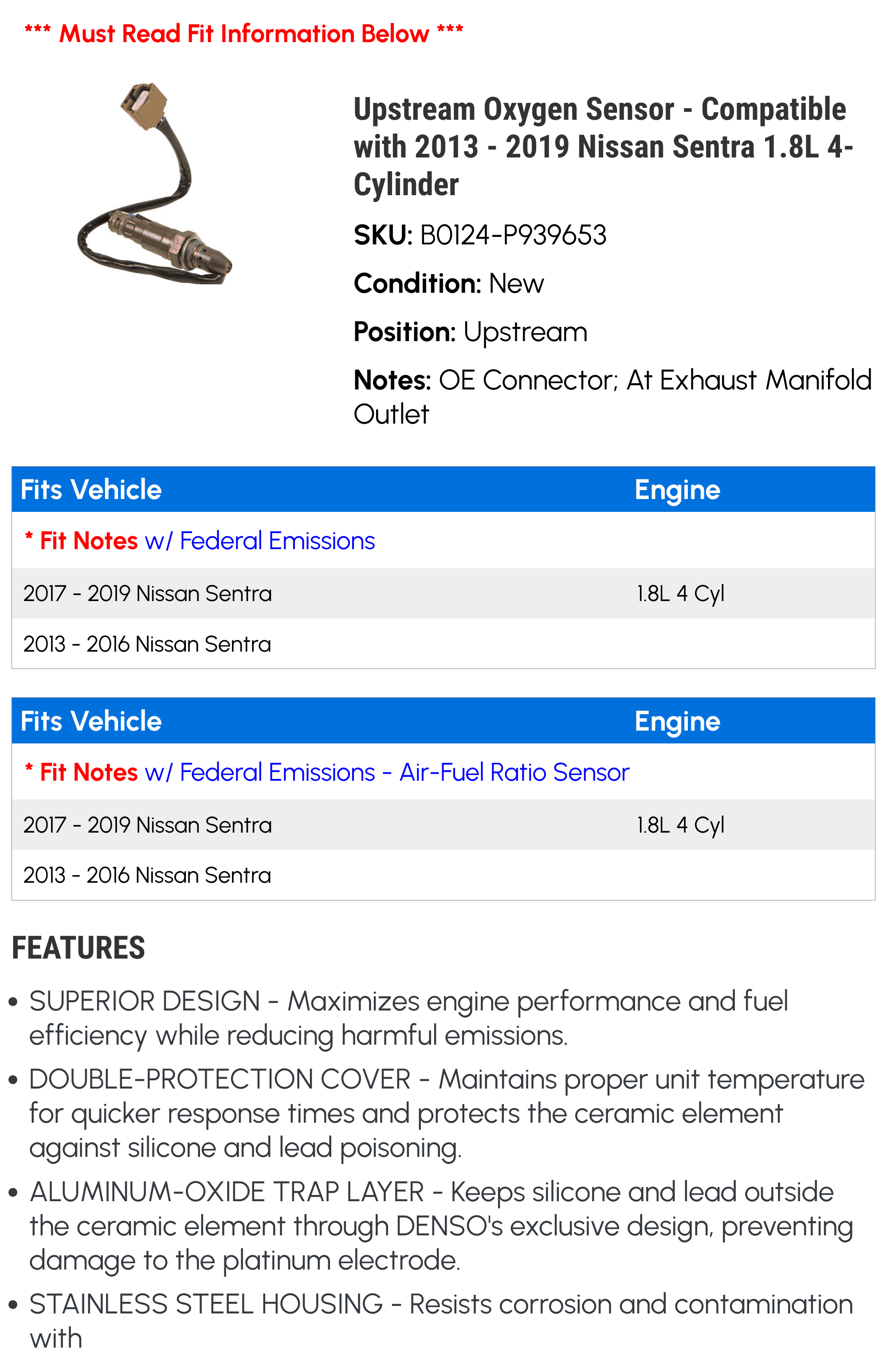 Upstream Oxygen Sensor - Compatible with 2013 - 2019 Nissan Sentra 1.8L 4-Cylinder 2014 2015 2016 2017 2018