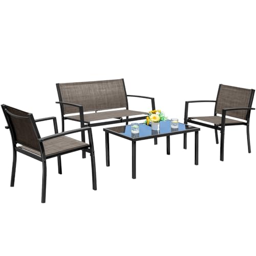 Devoko 4 Pieces Patio Furniture Set Outdoor Garden Patio Conversation Sets Poolside Lawn Chairs with Glass Coffee Table Porch Furniture (Black)