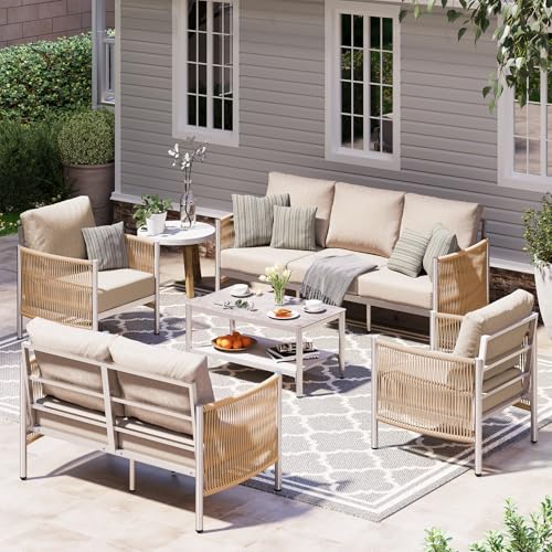 Aluminum Outdoor Patio Furniture Set, HDPE Rope 5 Piece Modern Sectional Conversation Sets with Dual-Layer Coffee Table, All Weather Patio Couch Sofa with Thick Cushions, Gray Frame, Gray