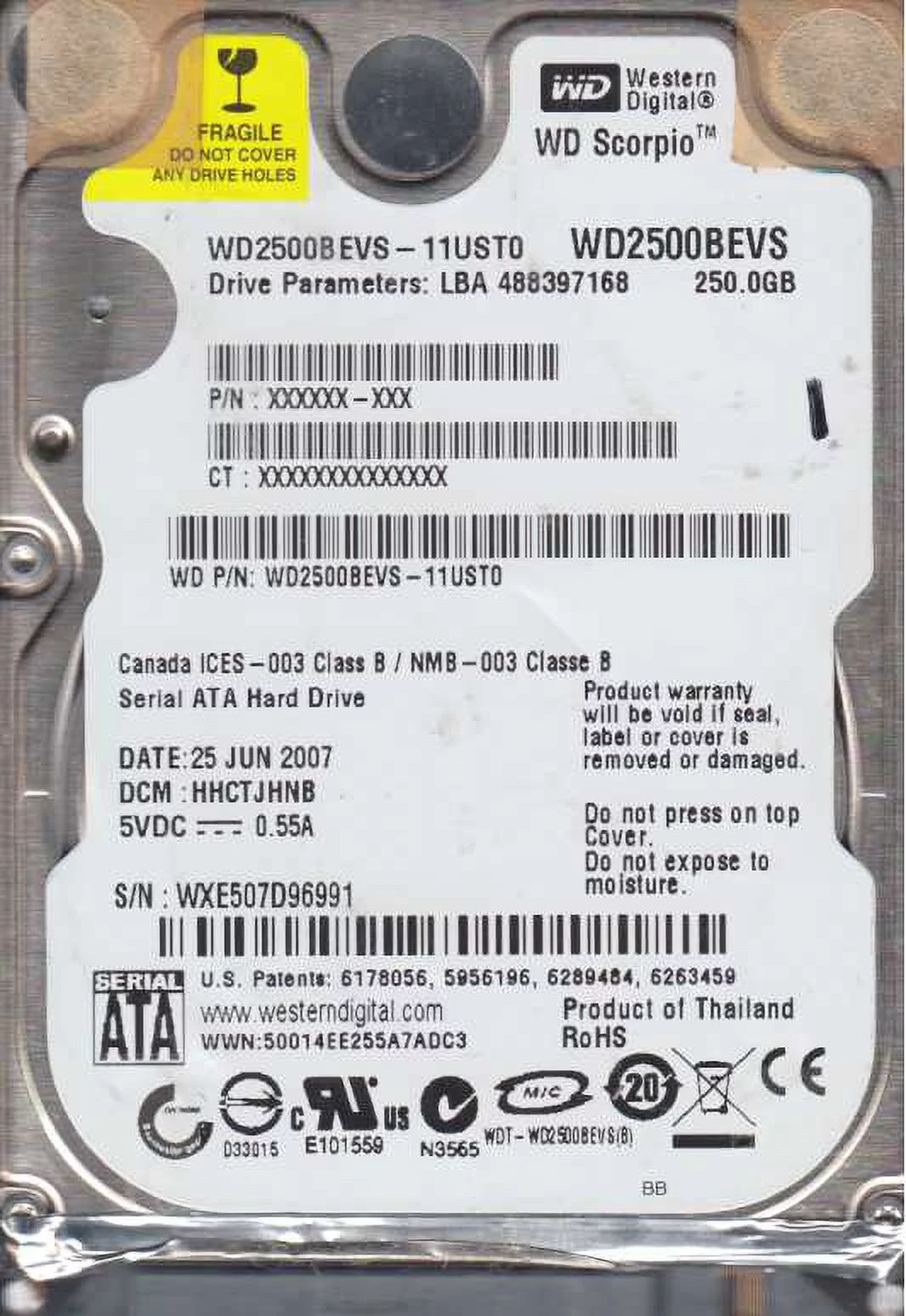 WD2500BEVS-11UST0, DCM HHCTJHNB, Western Digital 250GB SATA 2.5 Hard Drive