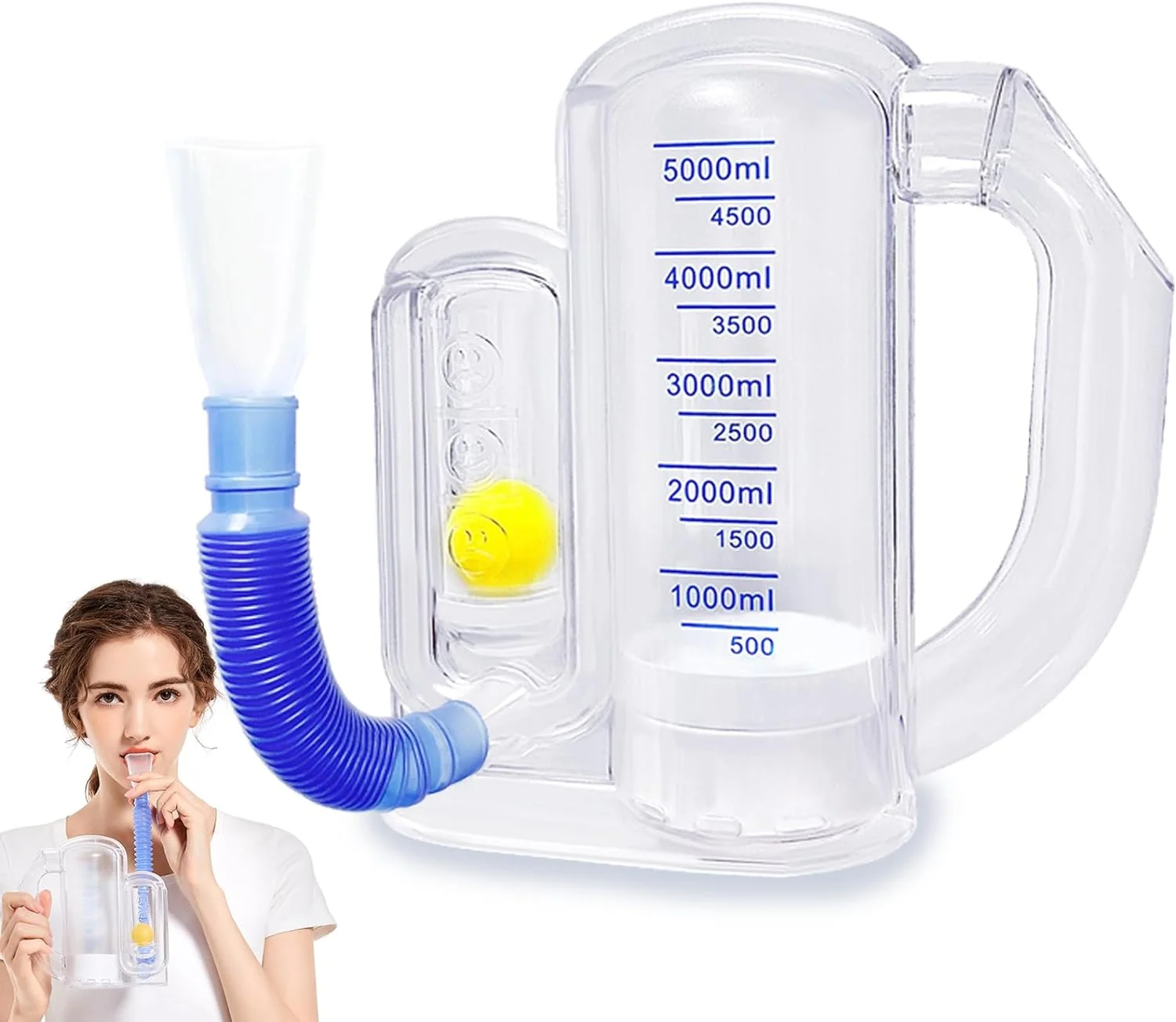 Breathing Exercise Device for Lungs, Deep Breathing Trainer for Adults - 5000ml Volume Measurement with Flow Rate Indicator