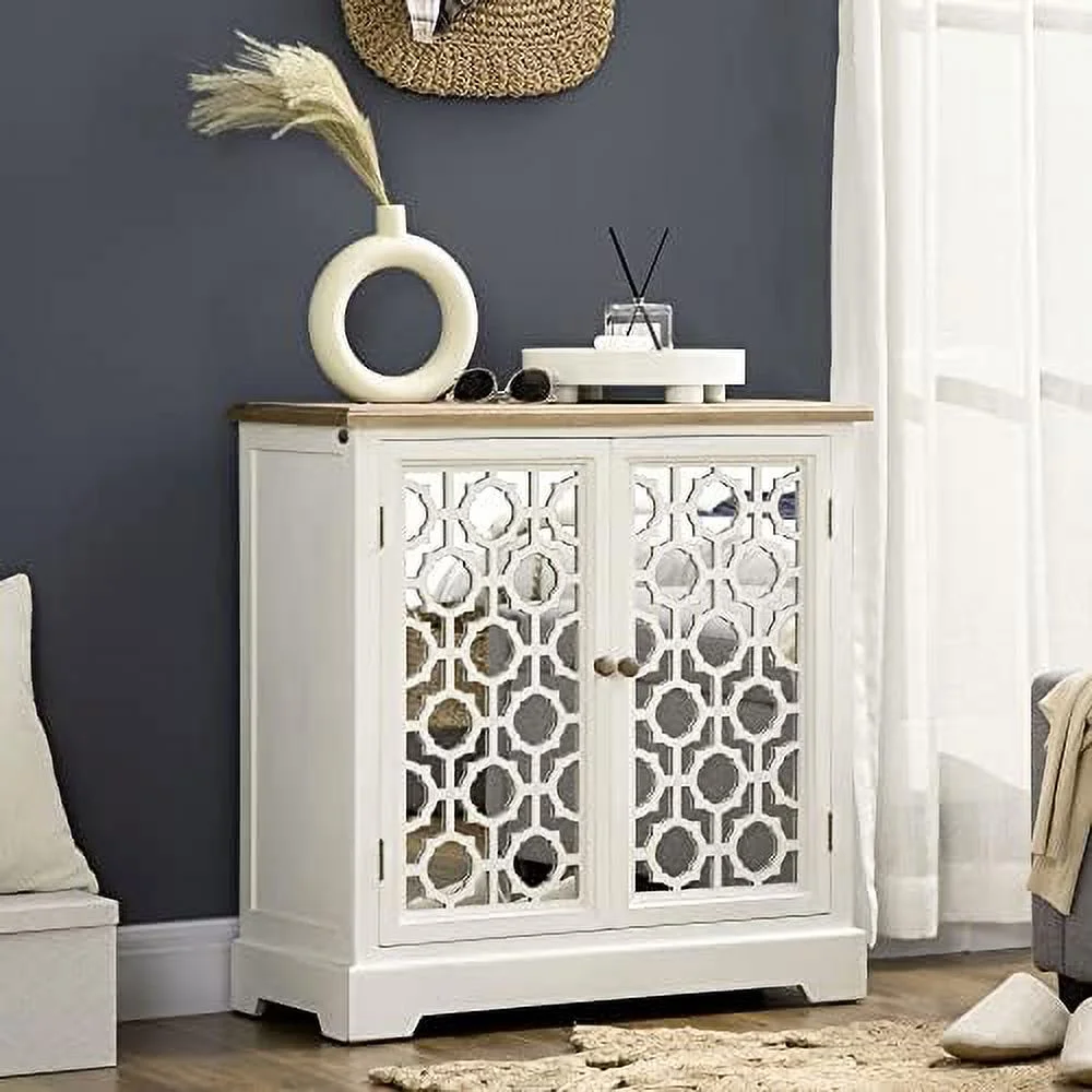 HJZUINIUNIU Farmhouse Sideboard Buffet Cabinet  Kitchen  Cabinet  Accent Cabinet with Double Glass Doors and Solid Wood Countertop for Kitchen  Living Room  White
