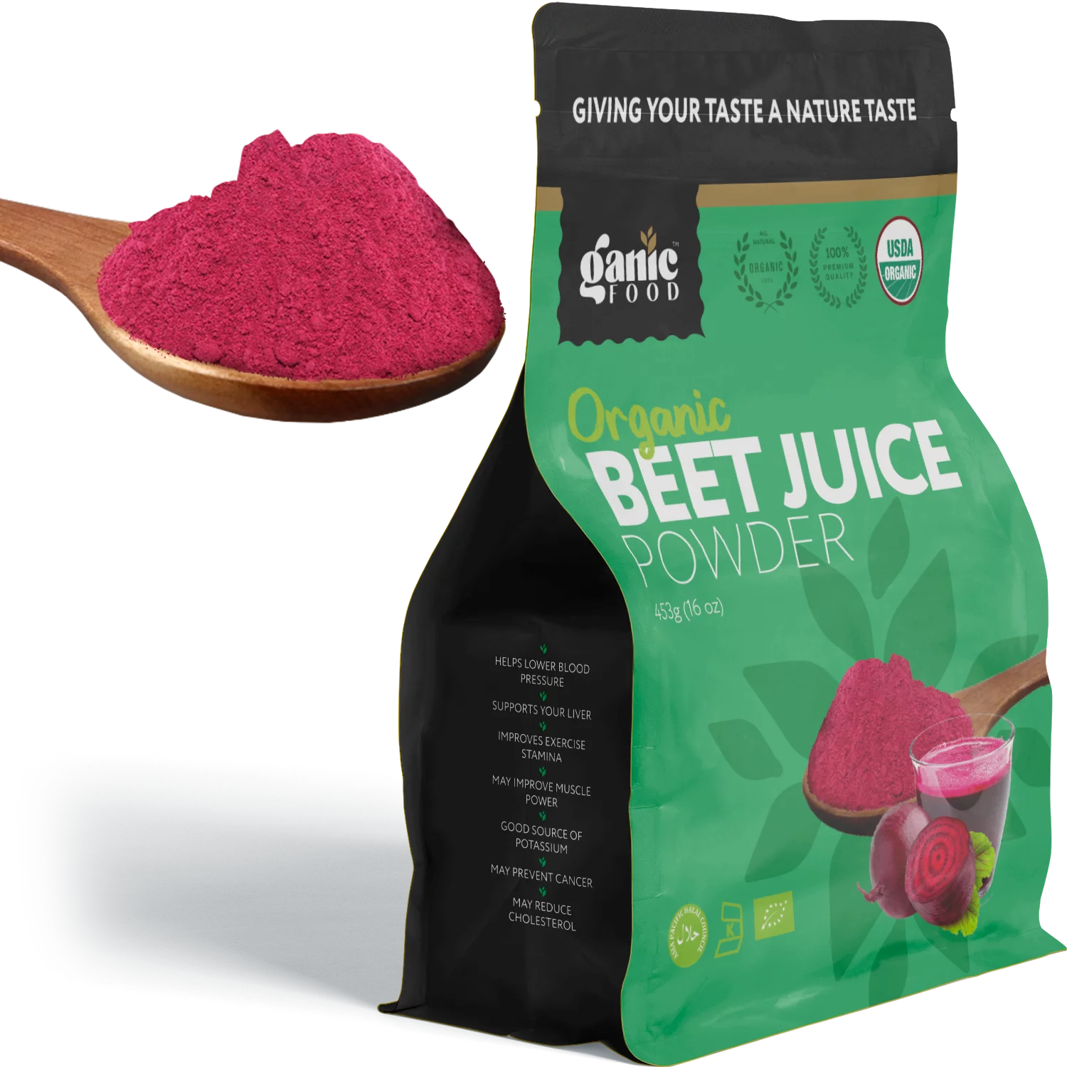 Organic Beet Root Juice Powder by Ganic Food | Cold Pressed and Water Soluble Beet Juice | USDA Organic Beet Juice Pre-Workout Concentrated Powder | Contains Natural Nitrates Acid for Energy & Immune