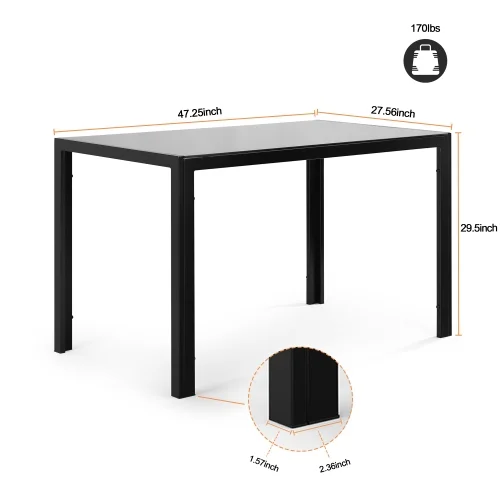 Rectangle Black Tempered Glass Dining Table 47.25''L x 27.56''W Modern Style Heavy-Duty Metal Legs