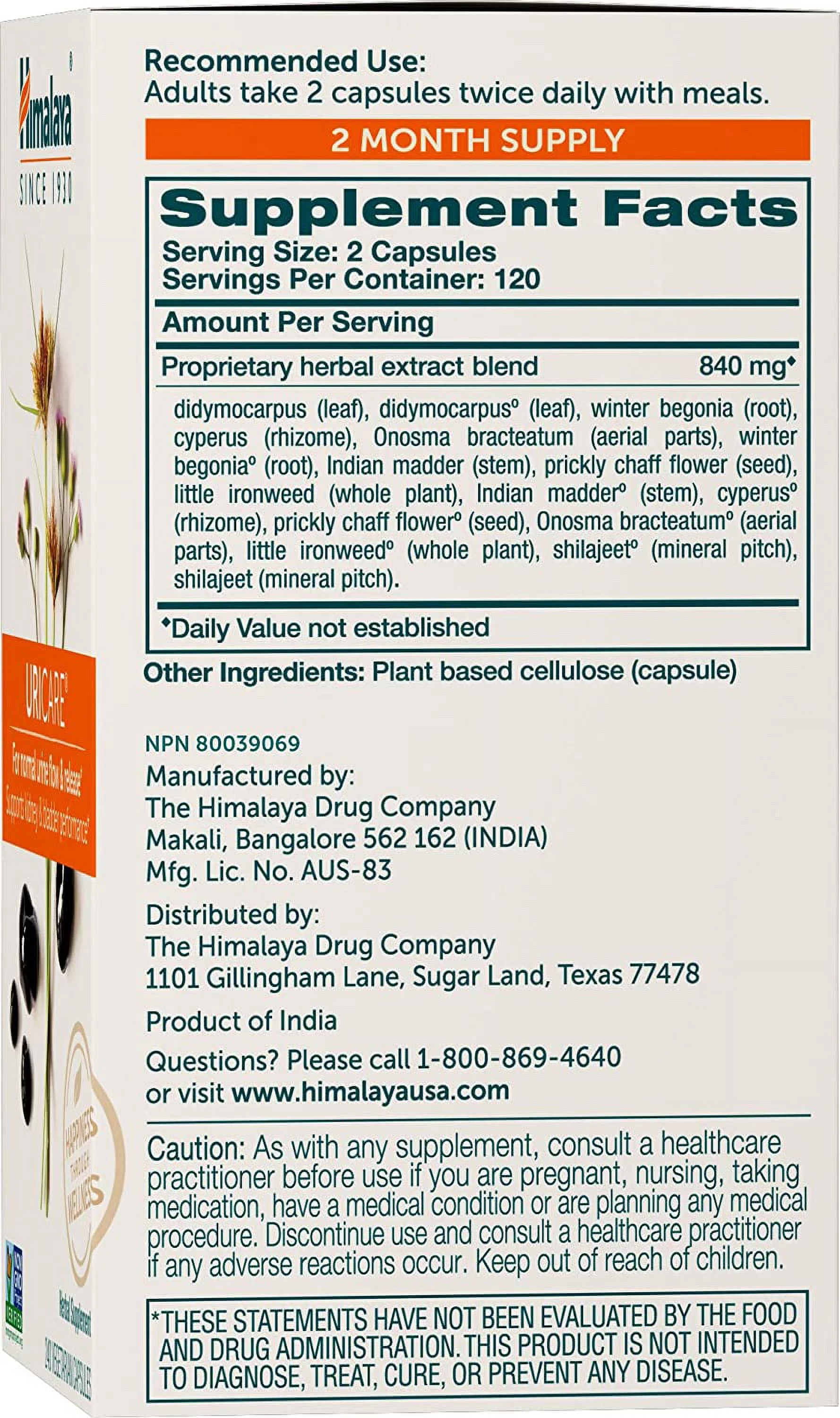 Himalaya UriCare Herbal Supplement, Kidney & Bladder Support, Gluten Free, Vegetarian, 240 Capsules