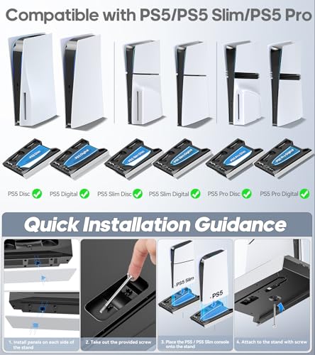 PS5/Slim/Pro Stand for Disc & Digital Console, PS5 Cooling & Charging Station with RGB Ambient Lighting, PS5 Controller Charger Built-in 3 Level Fan, PS5/Slim/Pro Accessories Comes 3 USB Ports