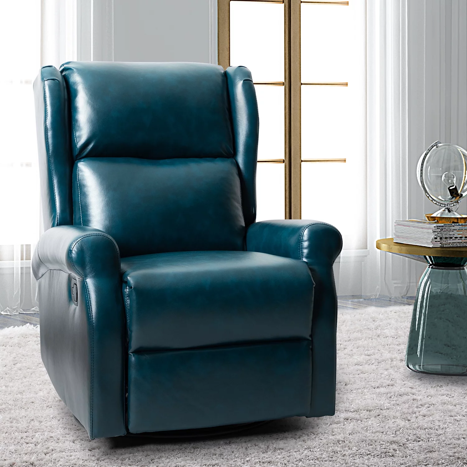 Faux Leather Recliner Manual Swivel Nursery Armchair Metal Base Wingback Home Living Room Turquoise