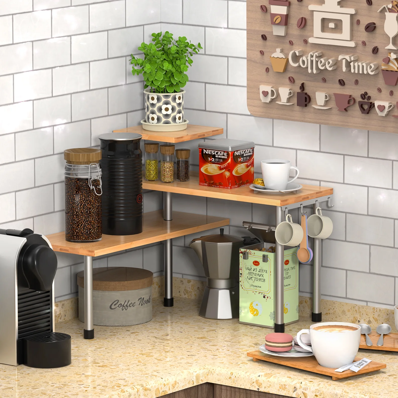 3 Tier Kitchen Desktop Corner Shelving Unit Bamboo and Stainless Steel Kitchen Storage with 4 Hooks Saving Space for Office Organize