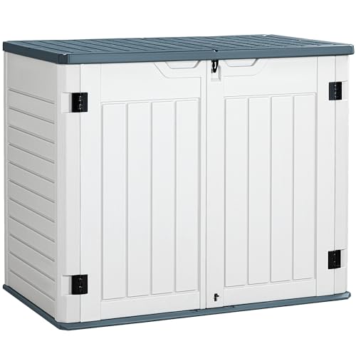 Greesum Outdoor Horizontal Resin Storage Sheds 34 Cu. Ft. Weather Resistant Resin Tool Shed, Extra Large Capacity Weather Resistant Box for Bike, Garbage Cans, Lawnmowe, Without Divider, White