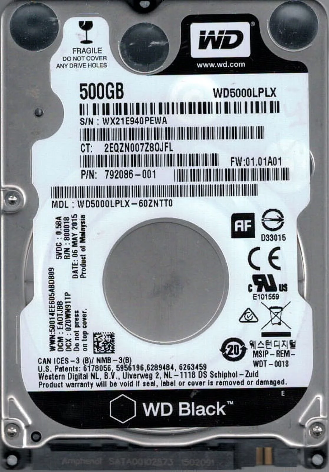 WD5000LPLX-60ZNTT0 DCM: EAOTJBB WX21E Western Digital 500GB