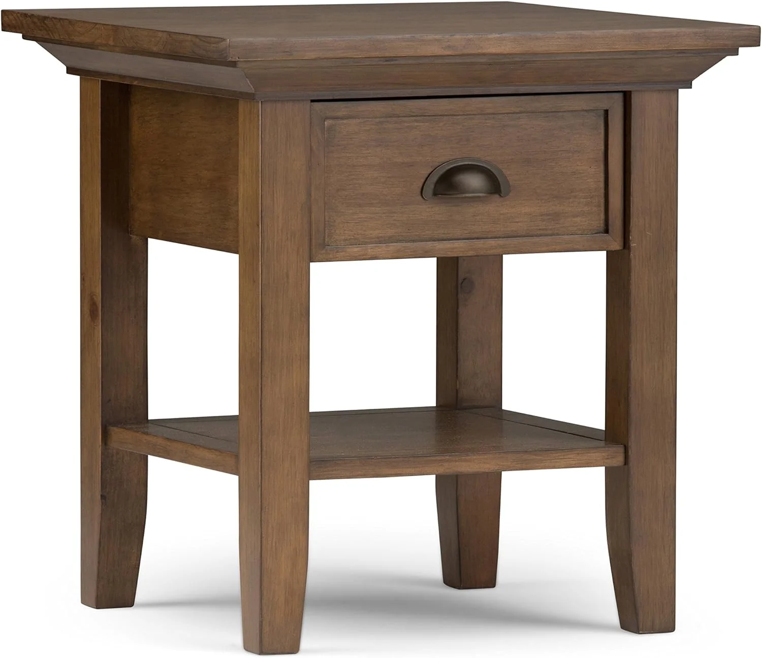 Redmond SOLID WOOD 19 Inch Wide Square End Side Table In Rustic Natural Aged Brown With Storage, 1 Drawer And 1 Shelf, For The Living Room And Bedroom
