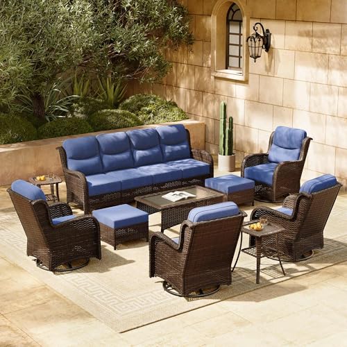 Luxury Patio Furniture Set with 6-inch Thick Cushion, Outdoor Couch and High Back Swivel Rocker Patio Chairs, 7PCS Wicker Conversation Set for Deck, Yard, and Poolside in Blue (V2)