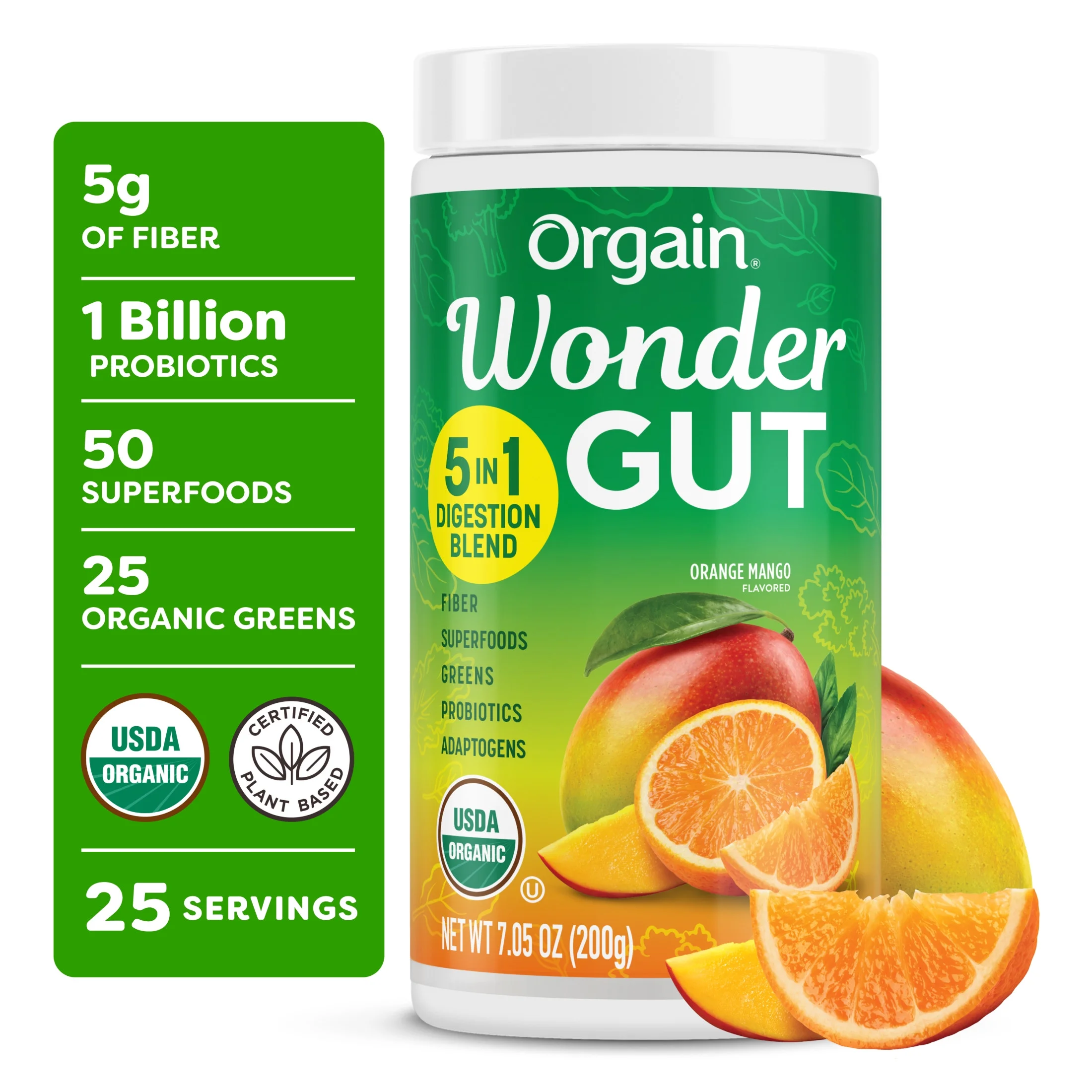Orgain Vegan Organic Wonder Gut 5-in-1 Fiber Superfood Powder – Orange Mango 0.44lb