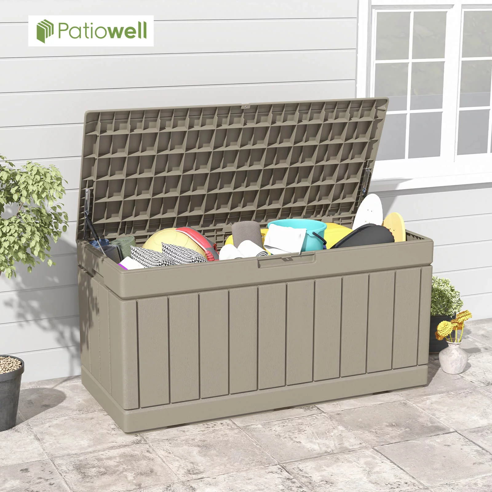 Patiowell 82 Gallon Deck Box Outdoor Storage Resin Wood Look Storage Box with Lockable lid for Patio Furniture, Light Brown