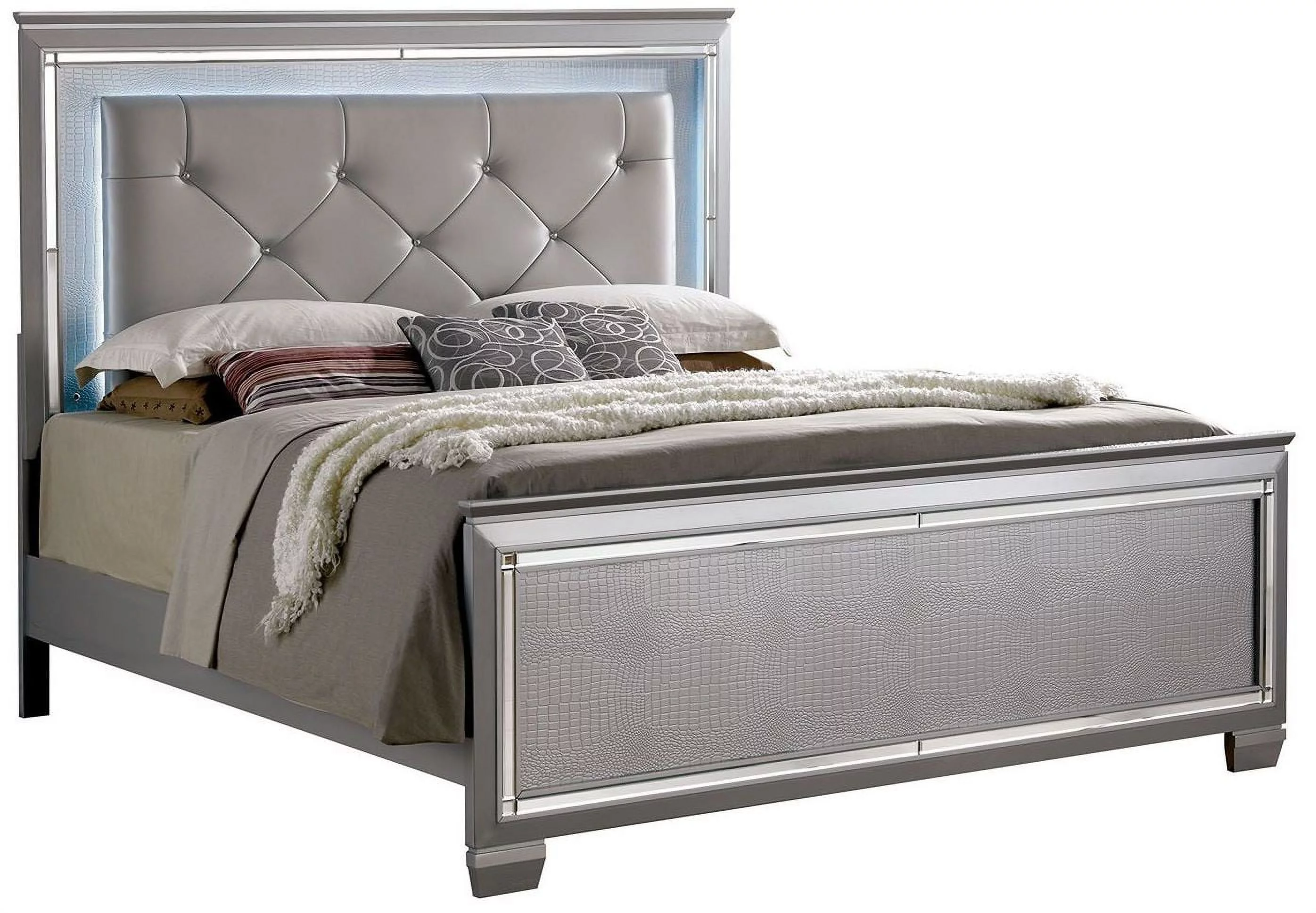 Contemporary Bellanova 1pc Queen Size Bed Bedroom Furniture Leatherette Tufted HB w LED Silver Texture Bedframe