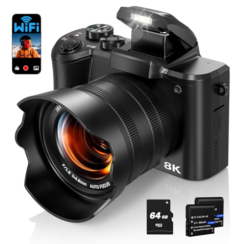 8K Digital Camera for Photography, 88MP Autofocus WiFi Vlogging Camera for YouTube Video with Front and Rear Lens, Flash, Touch Screen, Lens Hood, 64GB Card, 2 Batteries(Black)