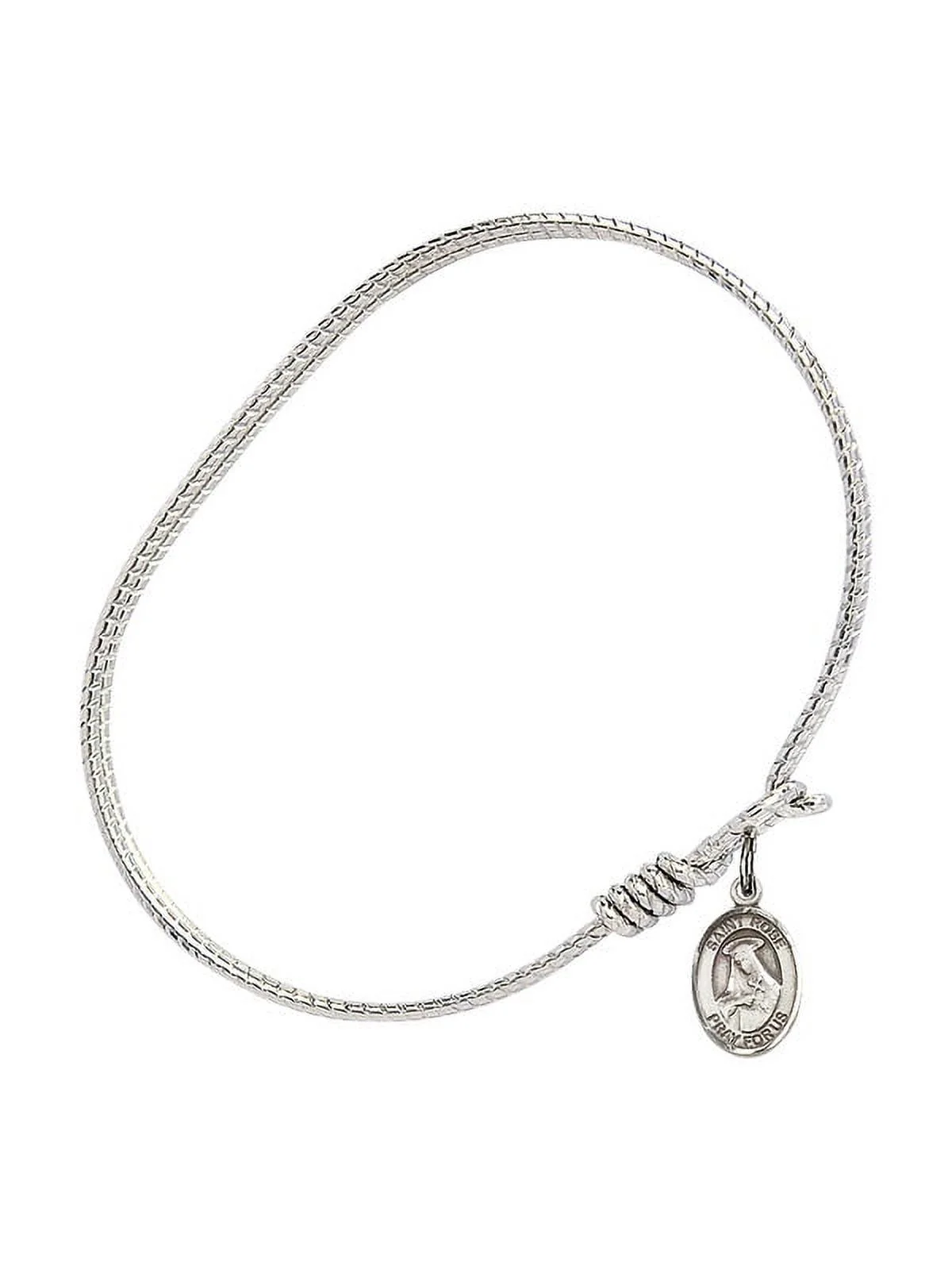 6 1/4 inch Oval Eye Hook Bangle Bracelet w/ St. Rose of Lima in Sterling Silver