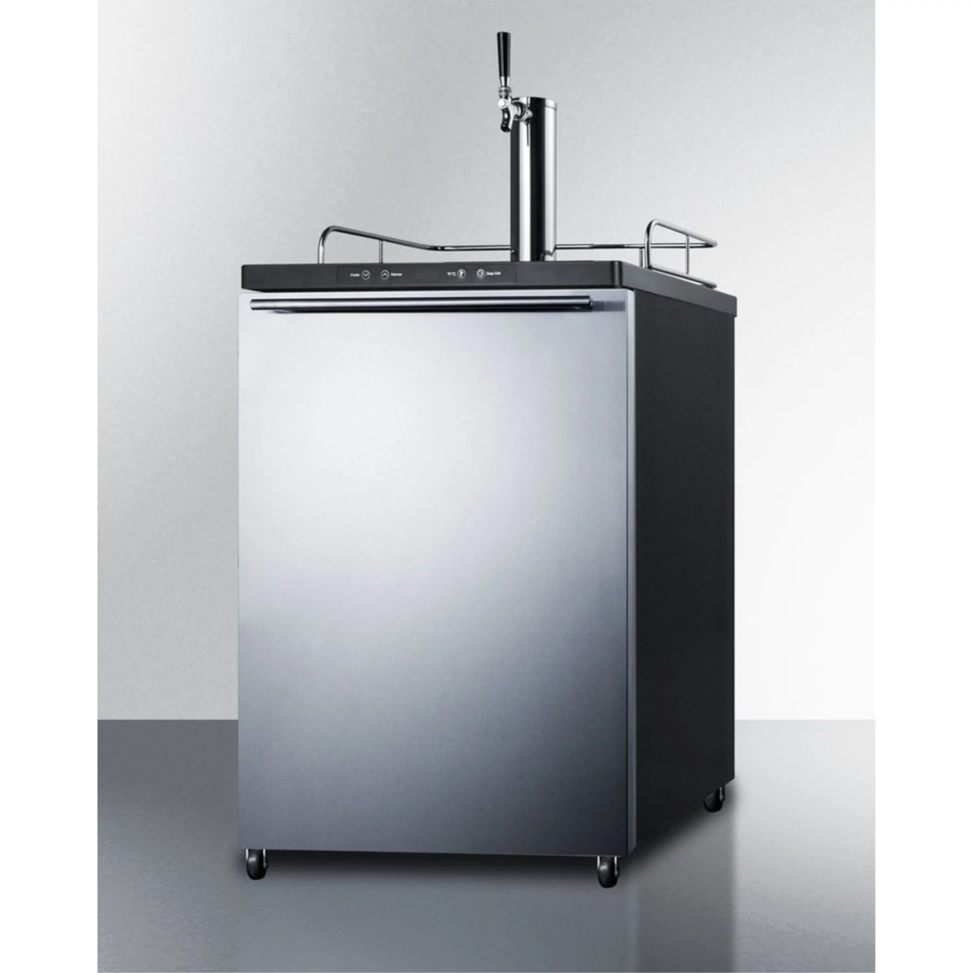 Freestanding commercially listed beer dispenser, auto defrost with digital thermostat, stainless steel door, horizonal handle, and black cabinet