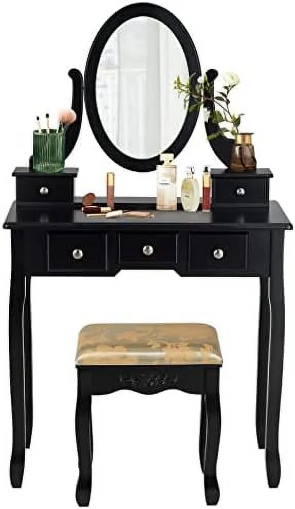 xrboomlife Stable Vanity Table Set with ¡ã Rotatable Mirror  Makeup Desk with Cushioned Stool & 5 Drawers for Small Spaces  Bedroom Dressing Table for Girls Women (White)