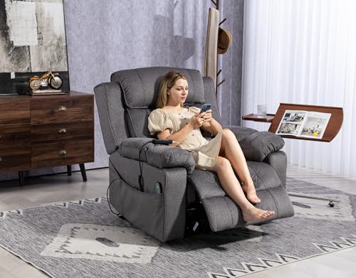 Light Grey Recliner Chair for Elderly | Tall and Big Man 400lbs | Chenille | Power Lift, Lay Flat, Stand Up, Wireless Charging Device, Extended Footrest, Massage Heat, Cup Holder, Lumbar Pillow