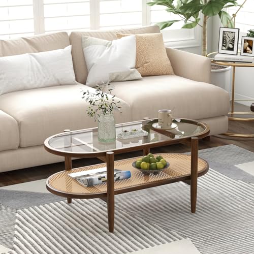 Tangkula Rattan Coffee Table, 40”L Boho Oval Acacia Wood Cocktail Table with Tempered Glass Tabletop & PE Rattan Storage Shelf, 2-Tier Tea Center Table for Living Room Office Reception (Boho, Brown)