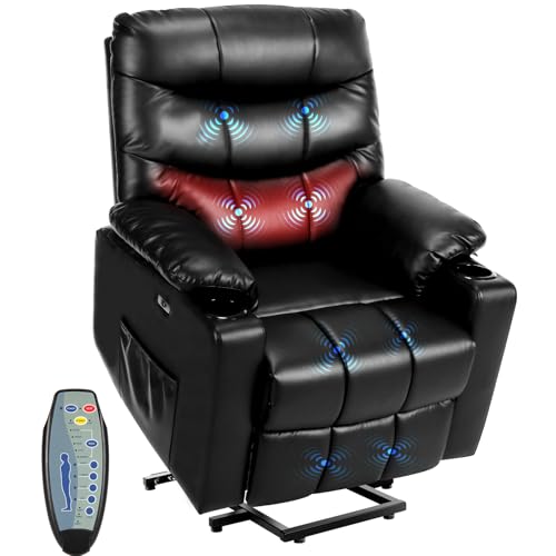 Himimi PU Leather Electric Power Lift Chair Recliners Massage with Heat and Massage, Adjustable Back Leg, USB Ports, Cupholders, Lift Chairs for The Elderly (Black)