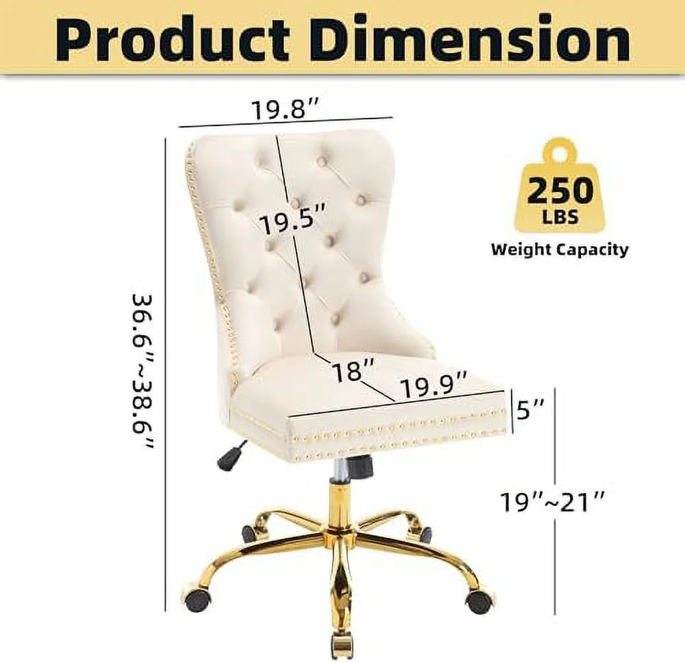 Desk Chair with Wheels  Velvet Gold Office Chair Height Adjustable Armless Swivel Chair with Tufted High Back  Trim  Comfy Upholstered JOMA Computer Chair for Bedroom  Blue