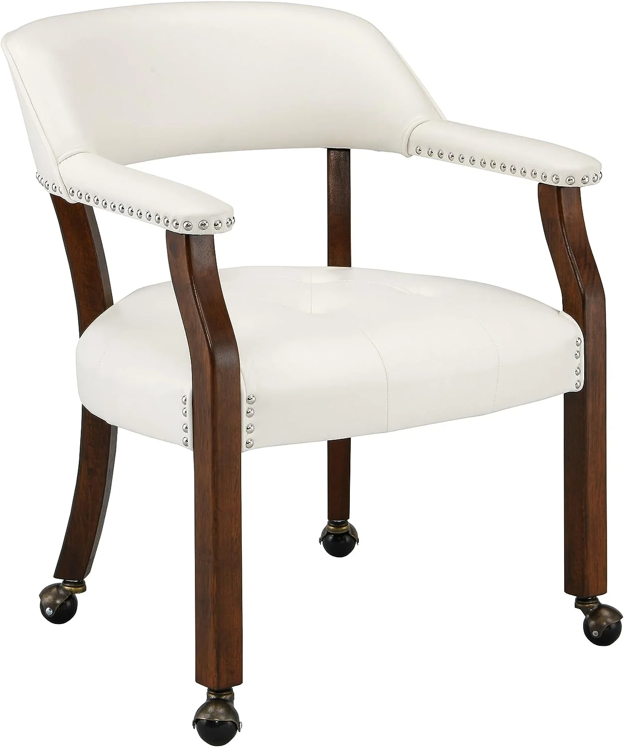 Dining Chairs With Casters And Arms, Rolling Dining Chairs With Wheels, Accent Game Chairs, Solid Wood Caption's Chairs Office Desk Chairs, Cherry Legs & Ivory PU, SY-1533-WT