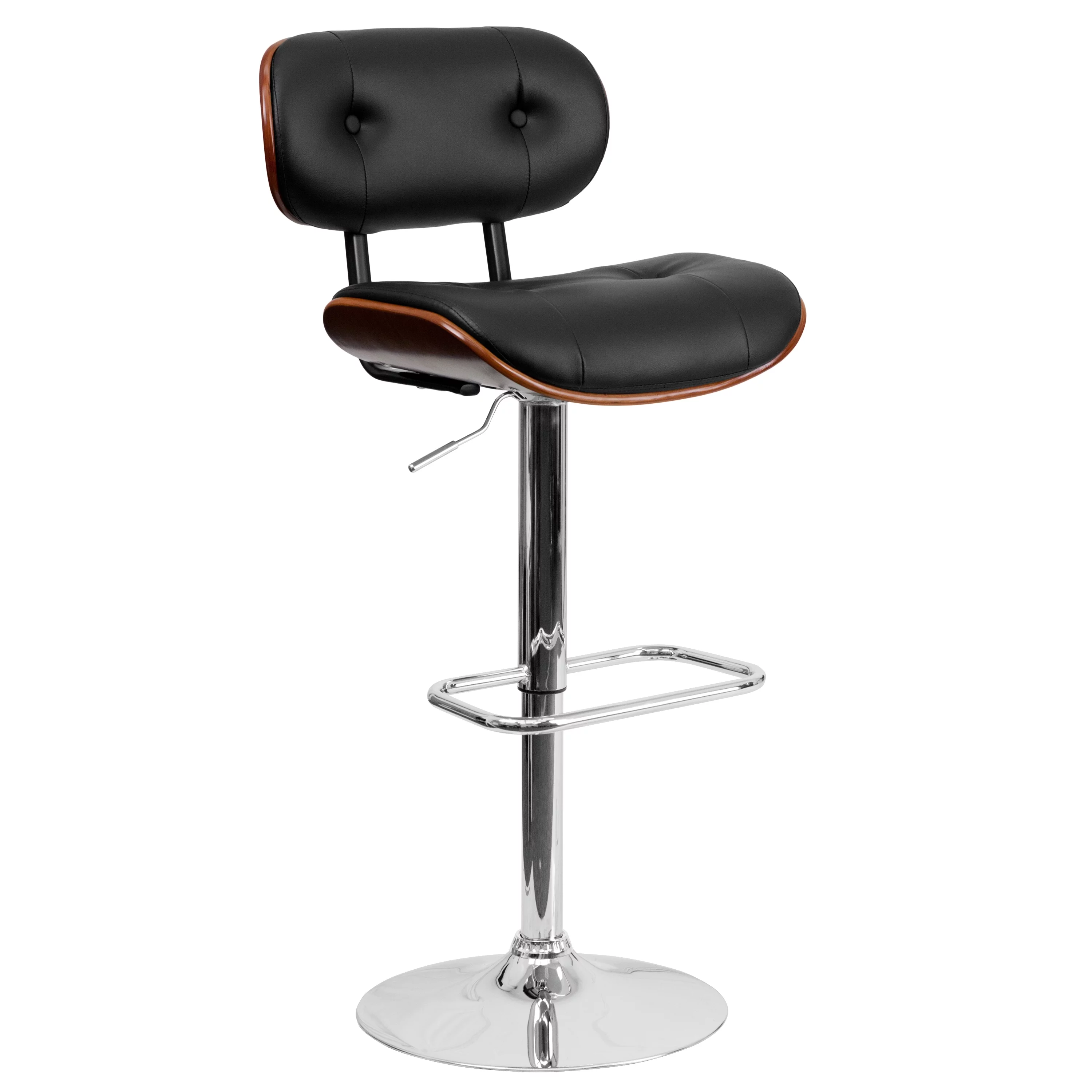 Flash Furniture Walnut Bentwood Adjustable Height Barstool with Button Tufted Black Vinyl Seat