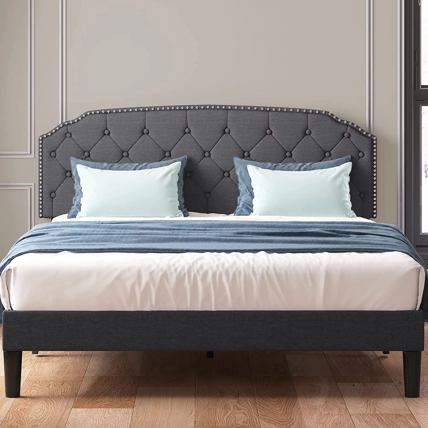 Mjkone Queen Size Platform Bed Frame with Diamond Button Tufted Upholstered Headboard,Stylish Modern Soft Bed Frame with Sturdy Wood Slat Support, No Box Spring Needed,Easy Assembly,Dark Grey
