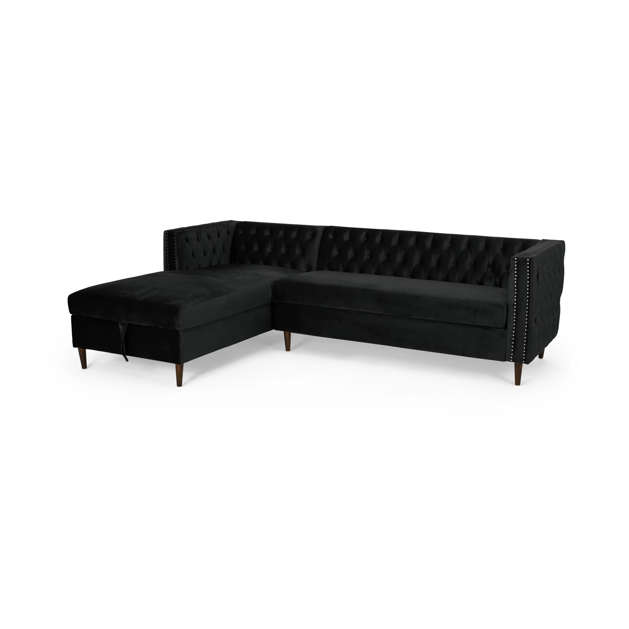 Jephthah Contemporary Tufted Velvet Sectional Sofa with Storage Chaise Lounge, Black