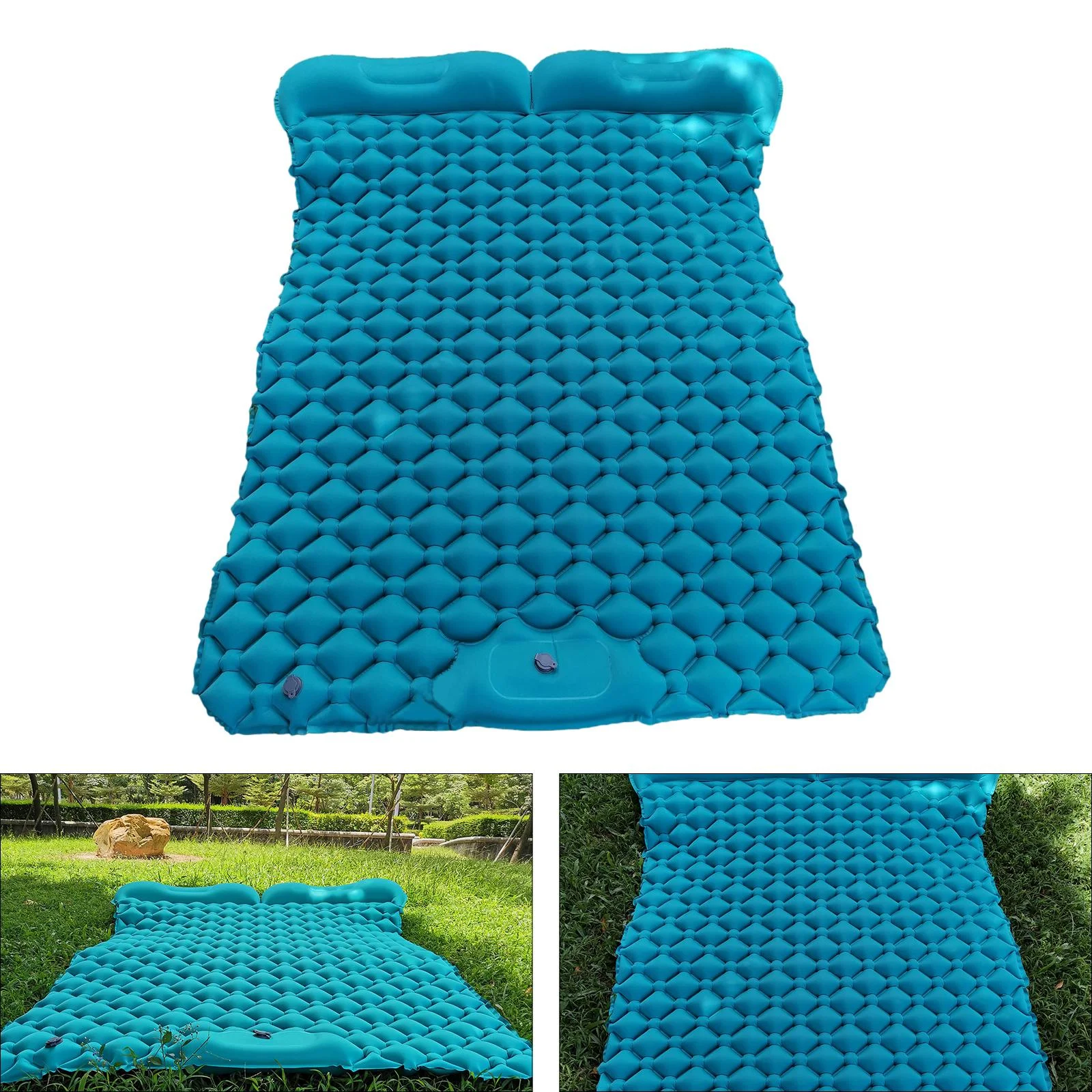 Portable Inflatable 2 Person Camping Sleeping Pad Bed Cushion Double Air Mattress with Pillow for Hiking Self-Driving Tour Sleep Equipment - Blue, 198X120X6cm