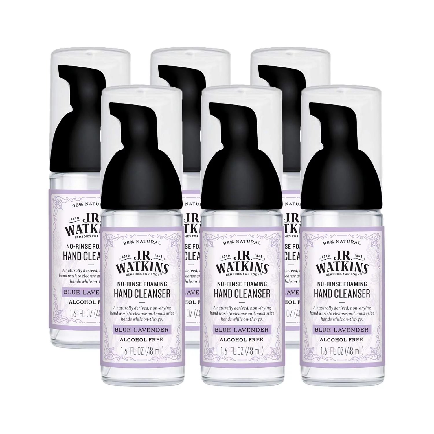 J.R. Watkins No-Rinse Foaming Hand Cleanser  Hand Soap in Pump Dispenser  Bathroom & Kitchen Foam Cleaner  All Natural, Alcohol Free, Blue Lavender, 1.6 fl. Oz, 6 Pack