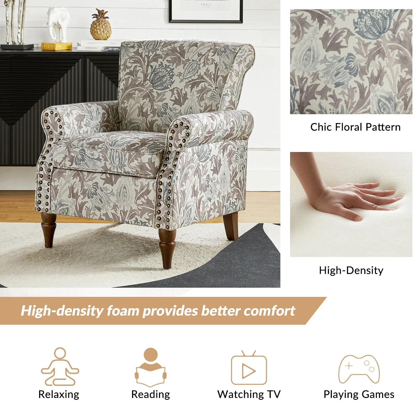 HULALA HOME Avelina Upholstered Accent Armchair Floral Pattern with Nailhead Rolled Arms Set of 2 Grey Floral Modern & Contemporary, Traditional
