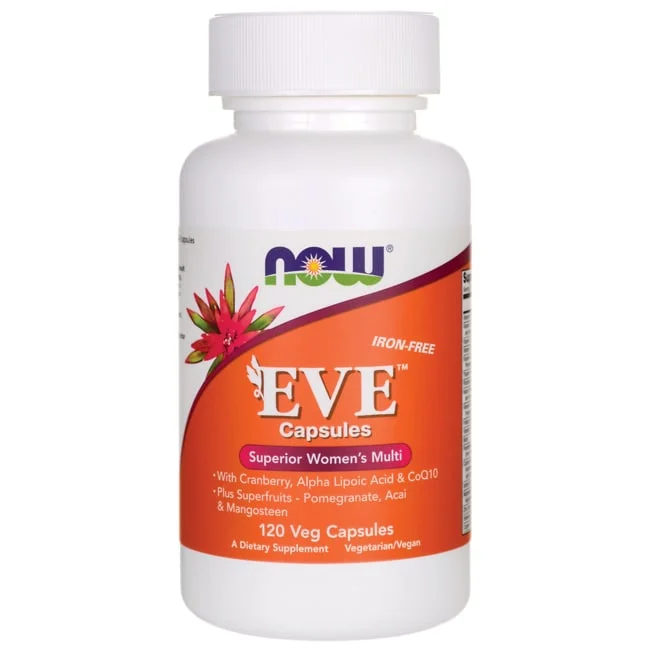 NOW Supplements, Eve™ Women's Multivitamin with Cranberry, Alpha Lipoic Acid and CoQ10, plus Superfruits - Pomegranate, Acai & Mangosteen, Iron-Free, 120 Veg Capsules