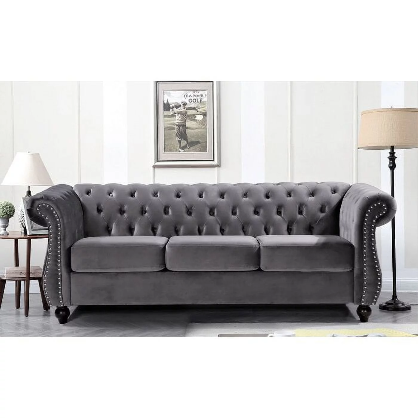 Uspridefurniture Fender 82.6'' Velvet Rolled Arm Sofa -Gray