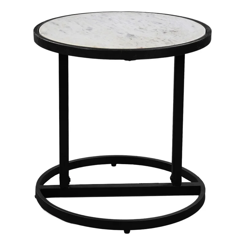 Beri Side End Table Round White Natural Marble Top Classic Slim Black Iron Frame