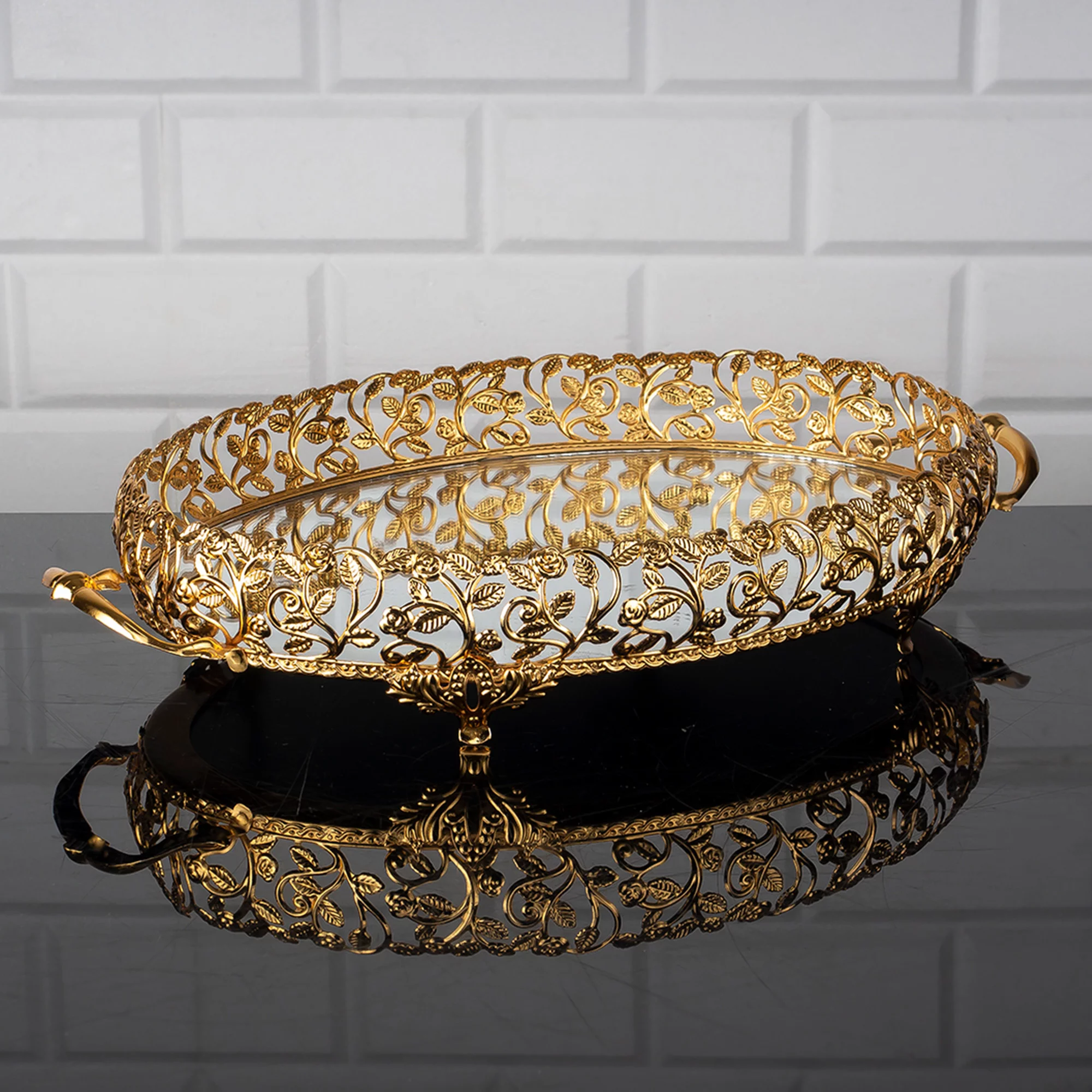 Metal Handmade Filigree Mirrored Tray for Gift, Fancy Perfume Trays for Dresser, Oval Mirror Vanity Trays for Bathroom,&nbsp; 17.3