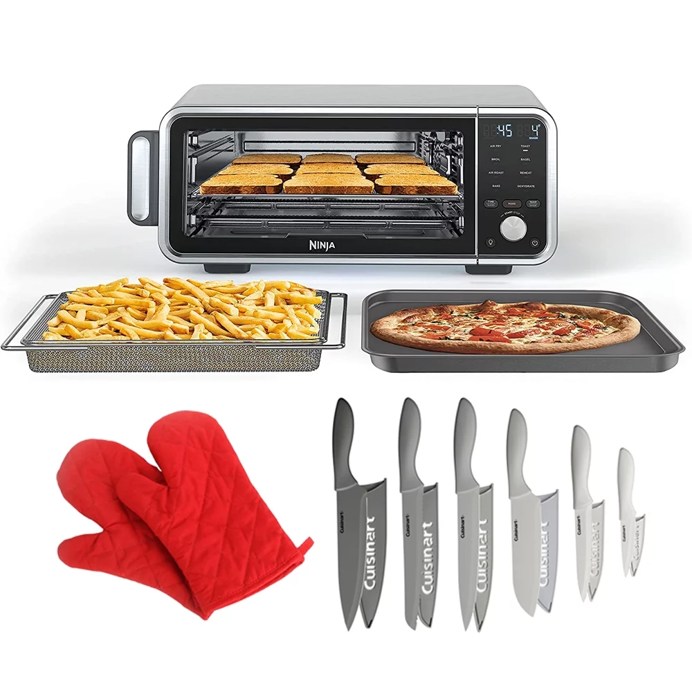 Restored Ninja FT205CO Digital Air Fry Pro Countertop 8-in-1 Oven Extended Height Bundle with Pair of Red Heat Resistant Oven Mitt and Advantage 12-Piece Gray Knife Set with Blade Guards (Refurbished)