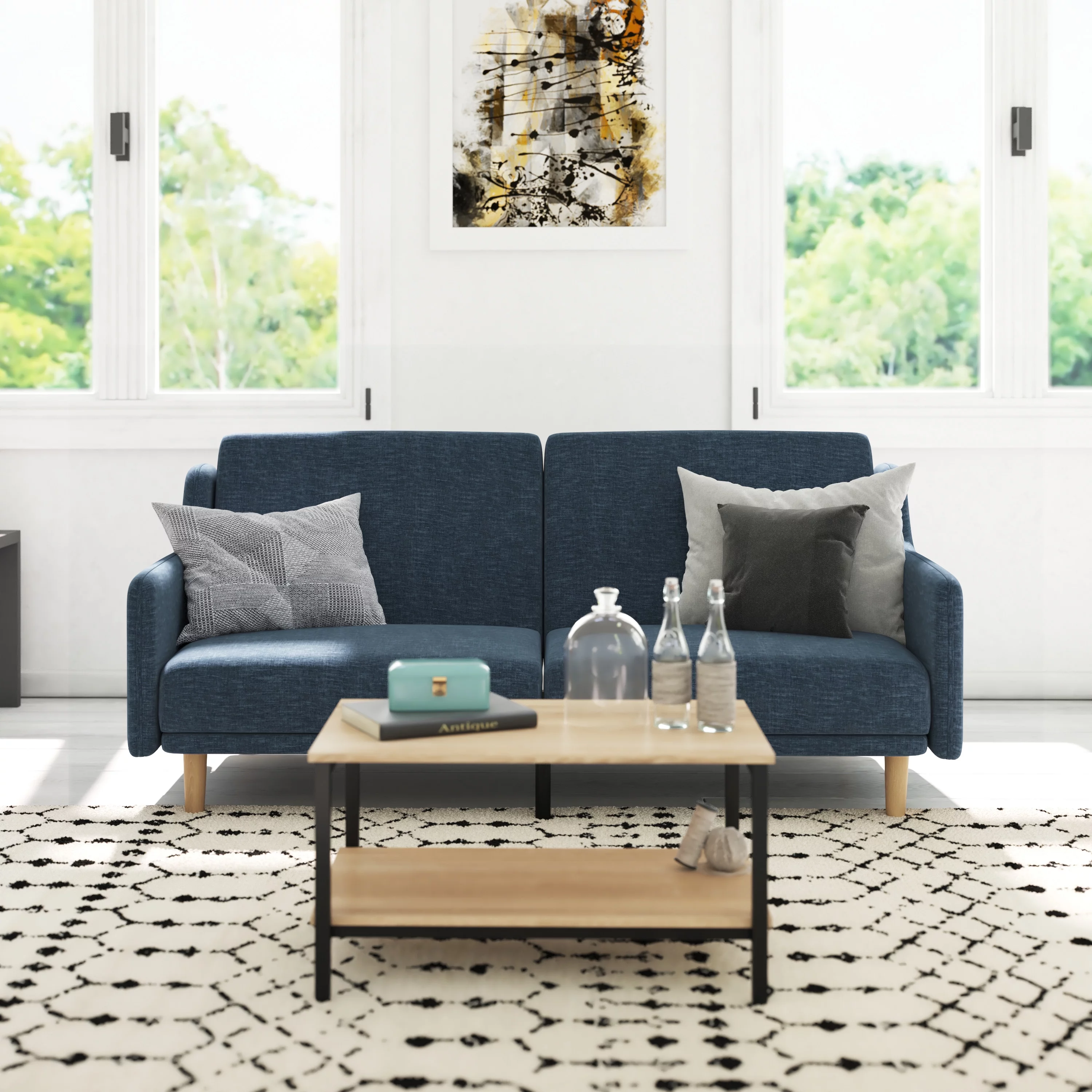 Emma + Oliver Plush Padded Faux Linen Upholstered Split Back Sofa Futon with Smooth Curved Removable Arms and Wooden Legs in Navy