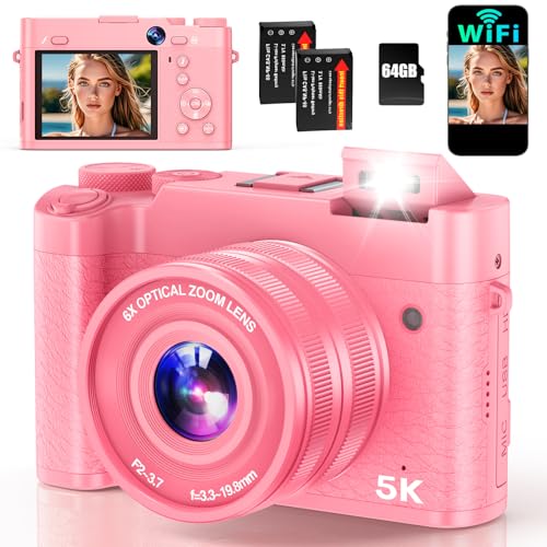 5K Digital Camera, 64MP Cameras for Photography with 6X Optical Zoom & Autofocus, WiFi Vlogging Camera for YouTube Video, Dual-Lens, 2 Batteries, 64GB Card & Flash, Best Cameras for Content Creators