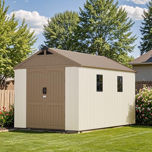 Patiowell 8 x 12 FT Plastic Outdoor Storage Shed with Floor, Resin Shed with Window and Lockable Door for Garden, Backyard, Tool Storage Use, Easy to Install in Beige (Kick-it Shed)