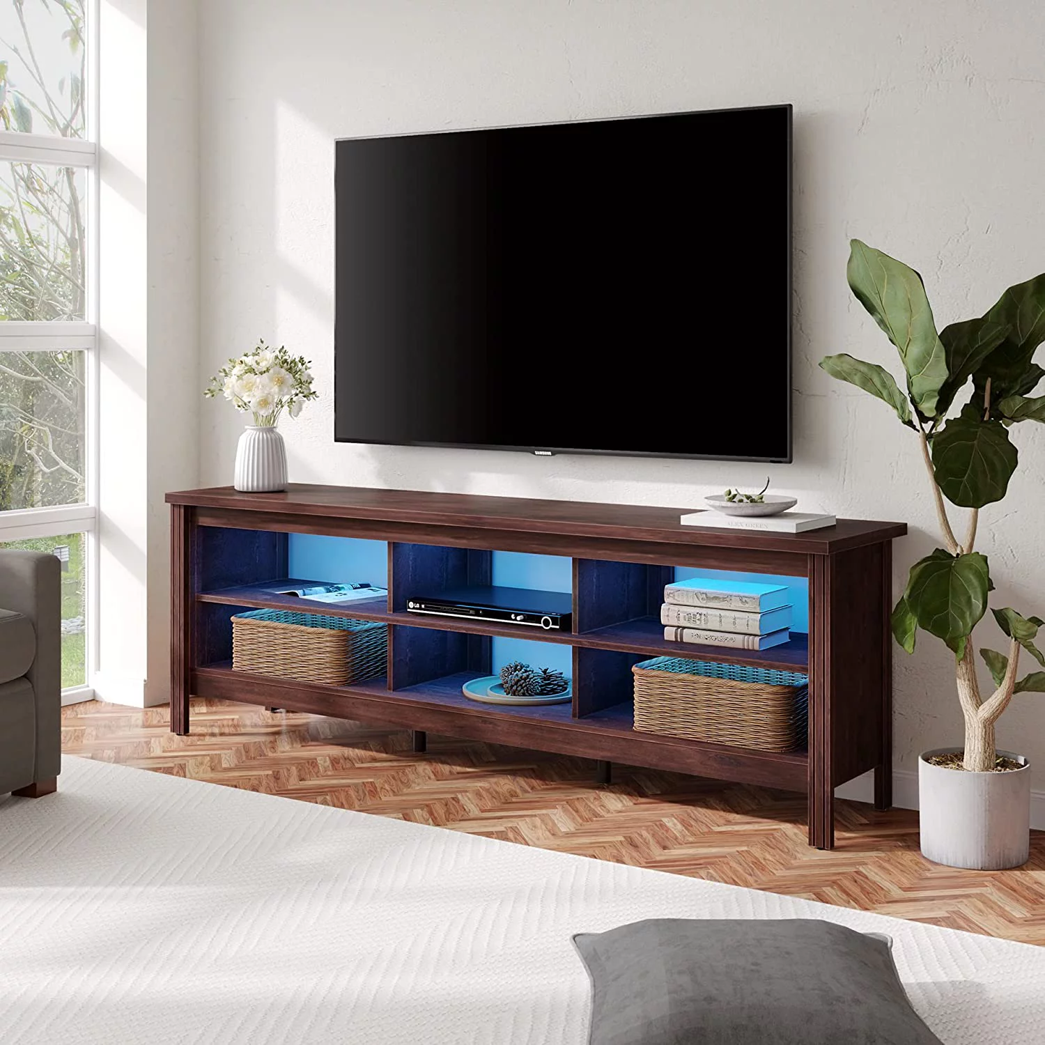 TV Stand for TVs up to 75 Inches  16 Color LED Entertainment Center for 80 inch TV Console Table with 6 Cubby  for Living Room Bedroom  70'' Brown