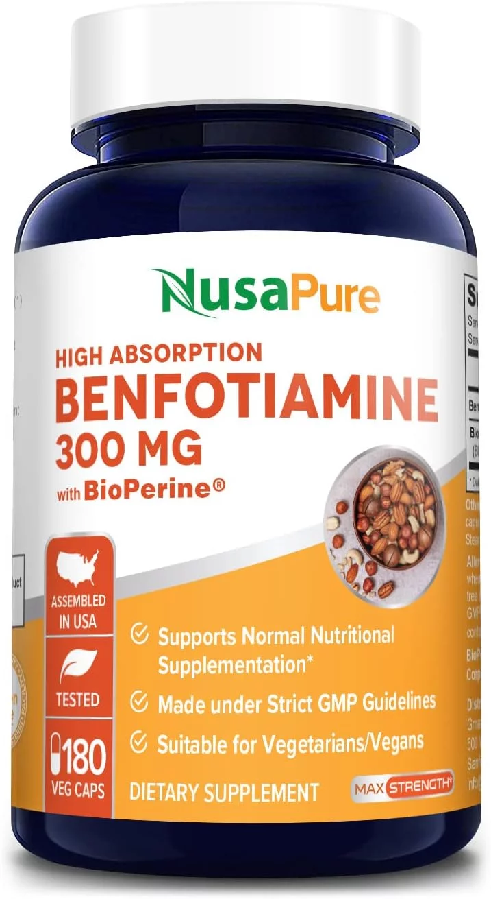 NusaPure Benfotiamine 300mg Capsules - 180 Veggie Caps, Non-GMO, Vegan, Gluten-Free, Enhanced with Bioperine, Dietary Supplement for Unisex Adult Health & Wellness