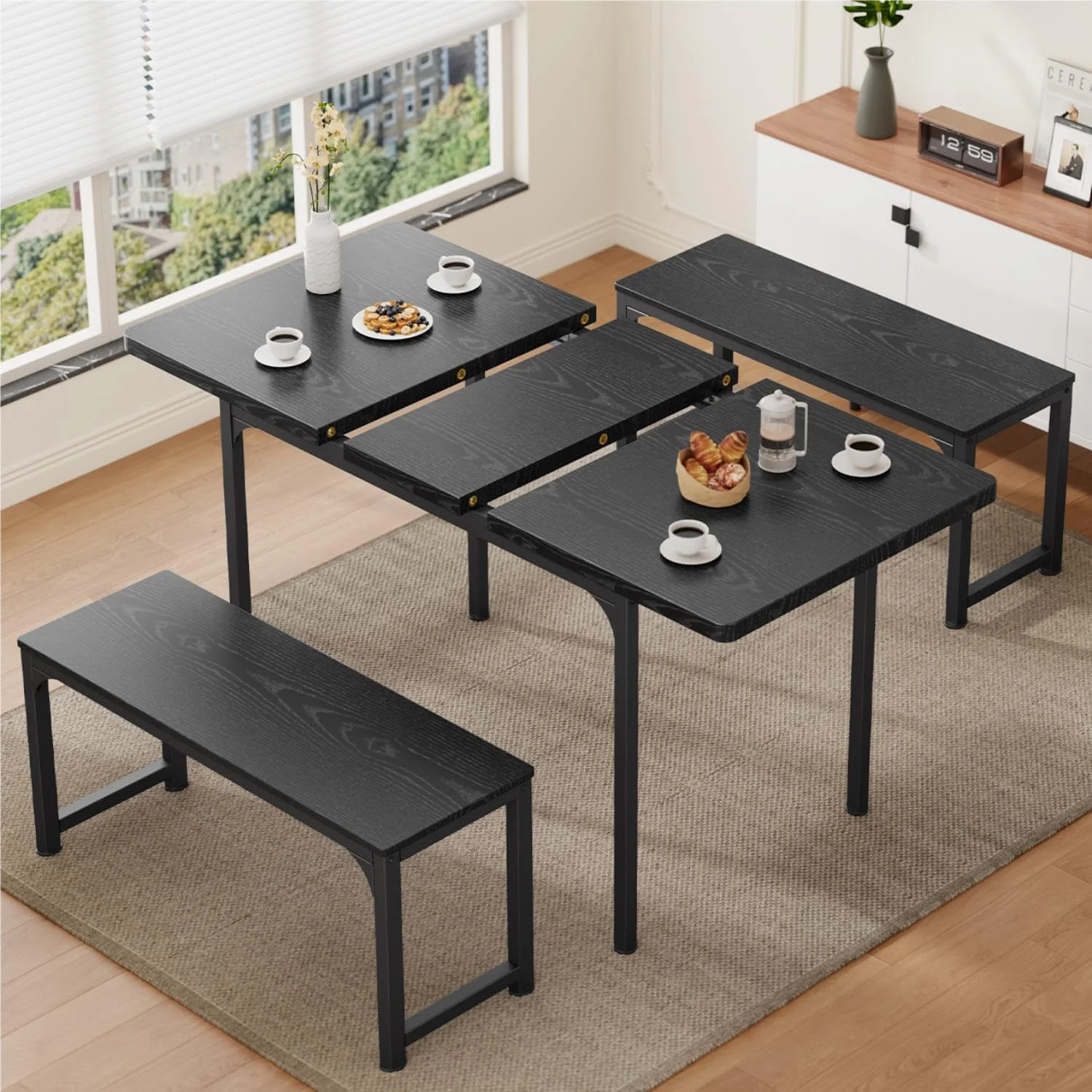 Dining Table Set For 4 To 6, Extendable Kitchen Table Set With 2 Benches, Ideal For Small Spaces And Apartment Dining Gatherings, Black