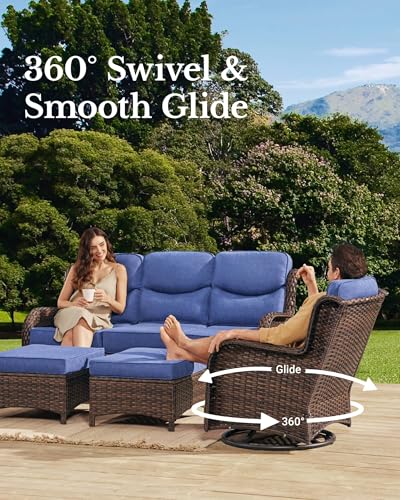 Luxury Patio Furniture Set with 6-inch Thick Cushion, Outdoor Couch and High Back Swivel Rocker Patio Chairs, 7PCS Wicker Conversation Set for Deck, Yard, and Poolside in Blue (V2)