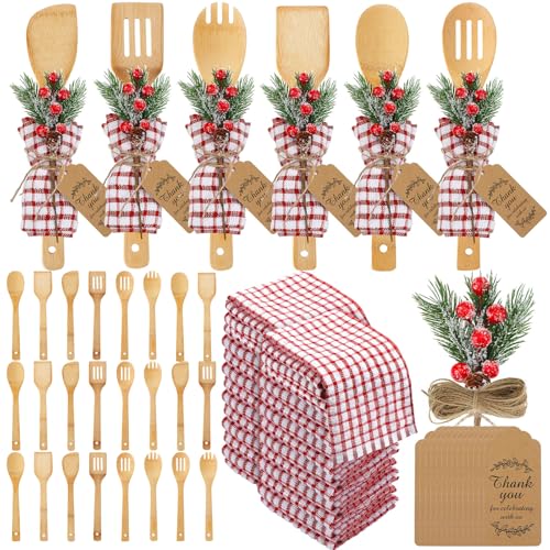 24 Set Christmas Kitchen Utensils Set Christmas Spatulas Bamboo Spoons with Artificial Picks Waffle Towel Thank You Tag Cooking Tools for Mom Holiday Gift Kitchen Decoration(Heart Shape)