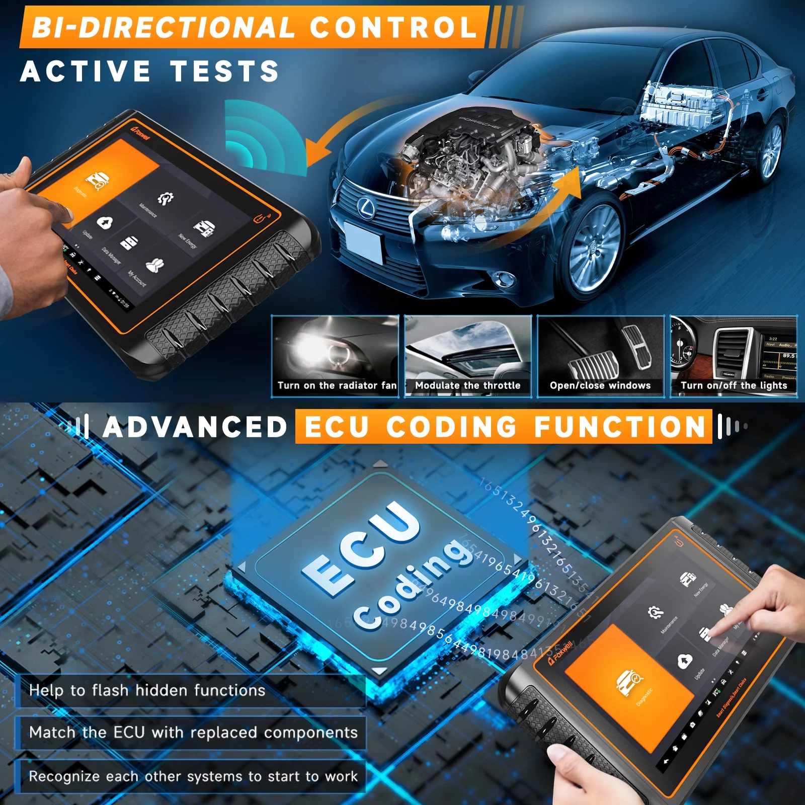 Foxwell GT75 Advanced Automotive Bi-directional Diagnostic Scan Tool OBD2 Scanner All System Car Scanner 33+ Maintenance Reset Services ECU Coding Active Test Bluetooth OBDII EOBD Code Reader Tablet